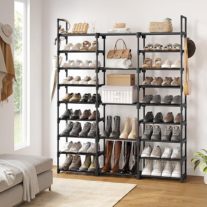 WOWLIVE 9 Tier 3-Column Shoe Rack, 50-55 Pairs Stackable Black | 50in long for larger entryways. Removable shelves fit tall boots. Split into multiple units for garage/closet.