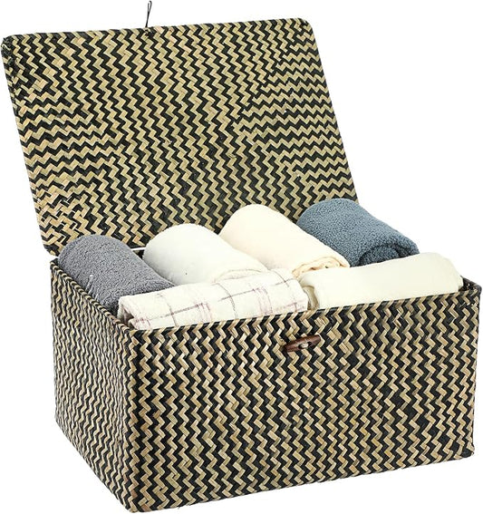 Hipiwe Wicker Shelf Baskets Bin with Lid, Handwoven Seagrass Basket Storage Bins Rectangular Household Basket Boxes for Shelf Wardrobe Home Organizer, Black,X-Large