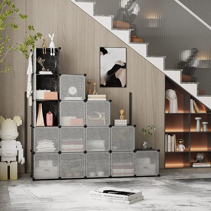 C&AHOME 16-Cube Storage Organizer with Door Platic Closet Organizer Black | Modular Bookshelf, Storage Shelving, Portable Shelves Organizing Units Ideal for Bedroom, Home 48.4" L × 12.4" W × 48.4" H