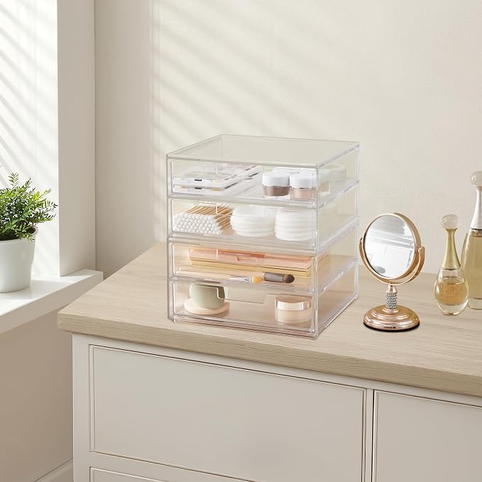 STORi Stackable Desk Drawer Organizer, Clear Pen Pencil Makeup Brush Holder for Desktops and Vanities, 4 Wide Drawers (Made in USA)