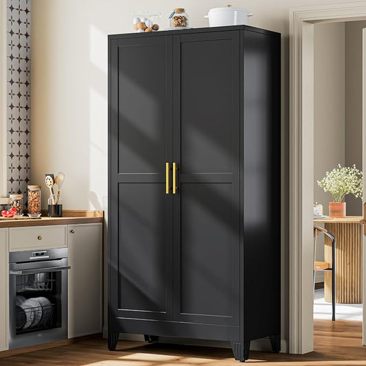 PAOFIN Metal 79“ Kitchen Pantry Cabinet, Pantry Storage Cabinet with Doors and 5 Adjustable Shelves, Freestanding Cupboard Kitchen Cabinet,Tall Cabinet for Living room,Pantry, Bathroom,Kitchen (Black)