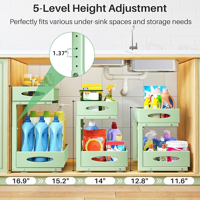Under Sink Organizer, 2 Tier Pull out Cabinet Organizer Baskets with Mesh Sliding Drawers, Slide out Storage Shelf for Home, Kitchen, Bathroom, Pantry, Office Cabinet(1 Pack, Green)