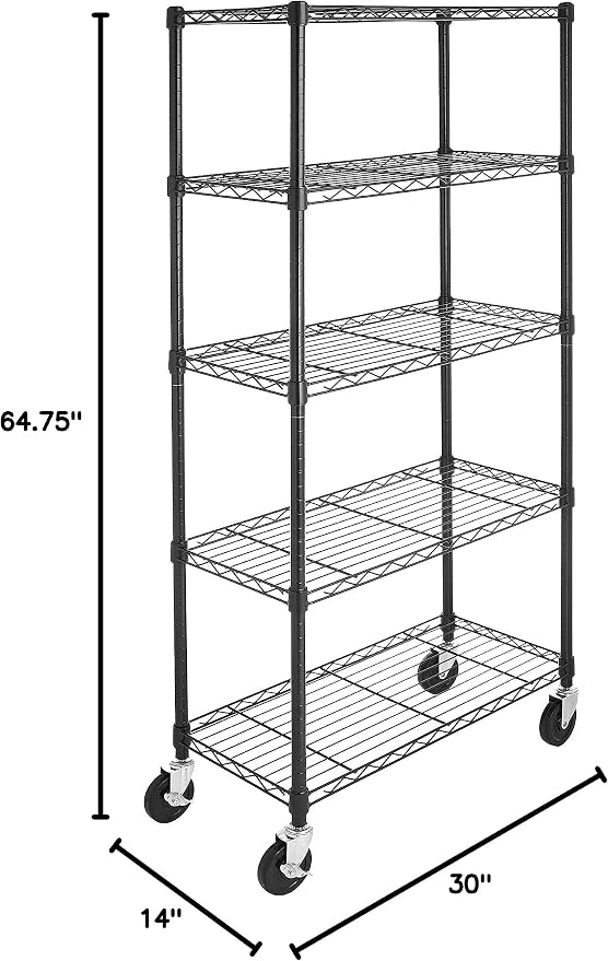 Amazon Basics 5-Shelf Heavy Duty Garage Shelving Storage Rack with 4" Wheel Casters, Adjustable Metal Wire Organizer, 300 lbs Per Shelf, 30" x 14" x 64.75", Black