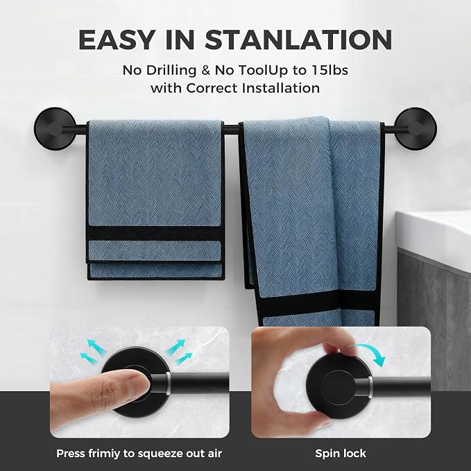 Adjustable Suction Cup Towel Bar for Bathroom Wall,17 Inch~29 Inch Towel Racks for Bathroom,Stainless Steel Bath Towel Holder for Shower(Matte Black)
