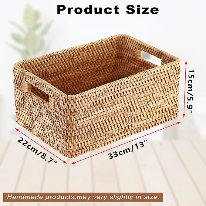 Hipiwe Woven Rattan Basket Natural Wicker Storage Basket Box with Handles | Rectangular Open Storage Bin for Shelf Bathroom Living Room Kitchen, 13" x 8.7" x 5.9"