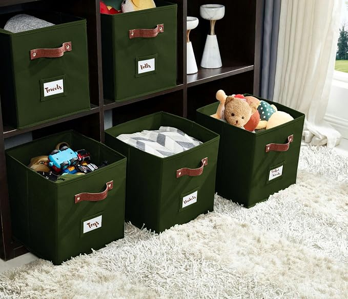 DECOMOMO Storage Bins, Cube Storage Bin with Labels | 13" x 13" x 13" Fabric Storage Cubes for Shelves (6pcs, Olive Green)
