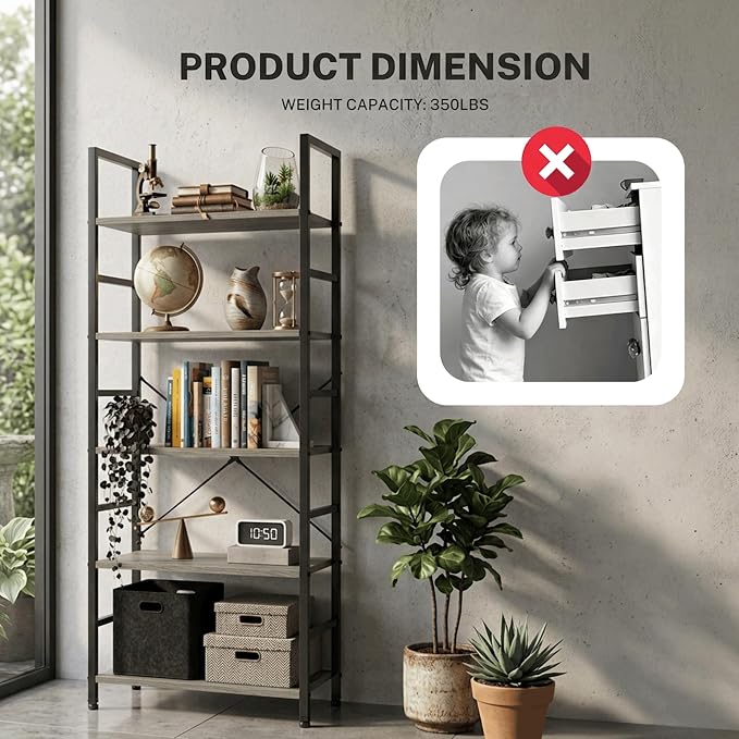 HealSmart 5 Tier Bookshelf, Free Standing Book Shelf Home Office Bookcase Shelf Storage Organizer for Bedroom, Bathroom, Living Room, Office, Balcony, Gray Wood