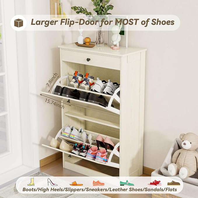 Wooden Shoe Rack with 2 Flip Drawers, Entryway Shoe Storage Cabinet | Freestanding Modern Shoe Organizer with Adjustable Shelves, Small Closed Shoe Rack Cabinet for Front Door Entrance,Light Oak