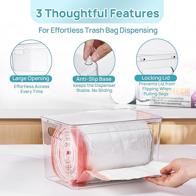 Vtopmart 1 Pack Clear Trash Bag Holder, Stackable Garbage Bag Dispenser | Trash Bag Organizer for 13/30/33 Gallon Bags, Clear Organizer Bins for Under Kitchen Sink, Laundry Room Organization