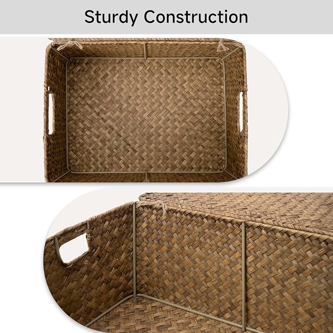 StorageWorks Wicker Baskets with Lid for Organizing, Seagrass Storage Baskets for Shelves, Decorative Box with Built-in Handles, Brown, Medium, 1 Pack