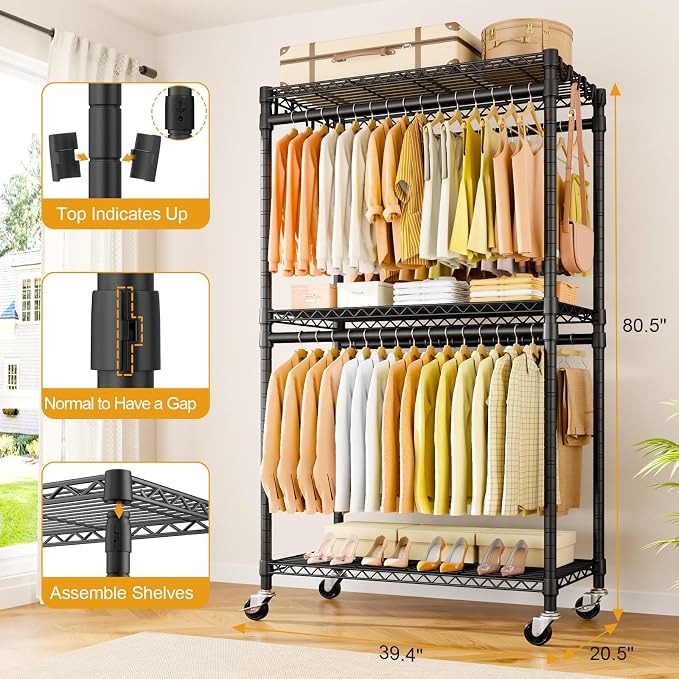 P5 Rolling Clothes Rack, Clothing Racks for Hanging Clothes, Black | Heavy Duty Garment Rack with Wheels, 3-Tier Shelves, Portable Closet Racks 39.4'' W × 20.5'' D × 80.5'' H, Max Load 650 Lbs