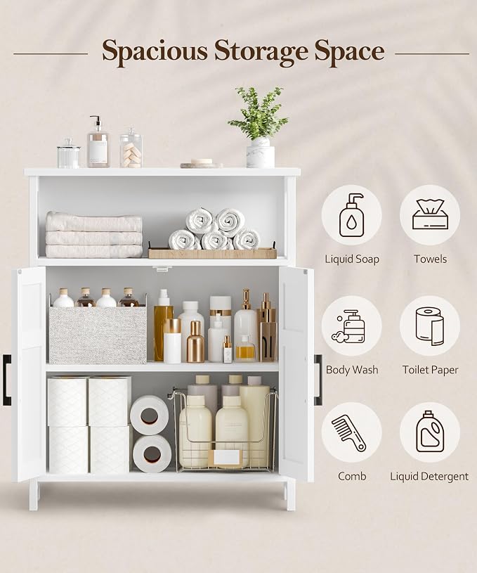 Akxomel Farmhouse Bathroom Storage Cabinet, 11.8" D x 23.6" W Bathroom Floor Cabinet, Small Toilet Paper Cabinet with 2 Doors, Linen Cabinet with Adjustable Shelf for Kitchen, Living Room, White