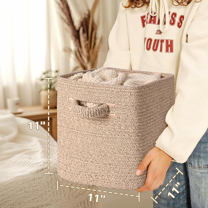 11 Inch Storage Cubes, 6 Pack Cube Storage Bins for Organizing, Cotton Rope Woven Baskets for Shelves, Bathroom, Kids Room, Closets, Baby Nursery