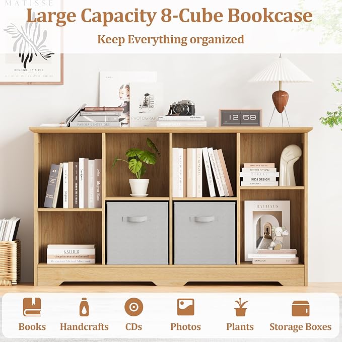 8 Cube Storage Organizer Shelf, Wood Cubby Storage with 4 Fabric Drawers | 2 Tier Wooden Bookshelf with 2 Adjustable Shelves, Fluted Side Panels Bookcase for Living Room, Home Office, Wood