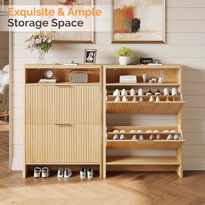 VINGLI Slim Shoe Cabinet with Curved Edges, Modern Hidden Shoe Storage Organizer with 2 Flip Drawers & Open Shelf, Narrow Wood Shoe Cupboard with Fluted Panel & Anti-Tip Kit for Entryway, Oak
