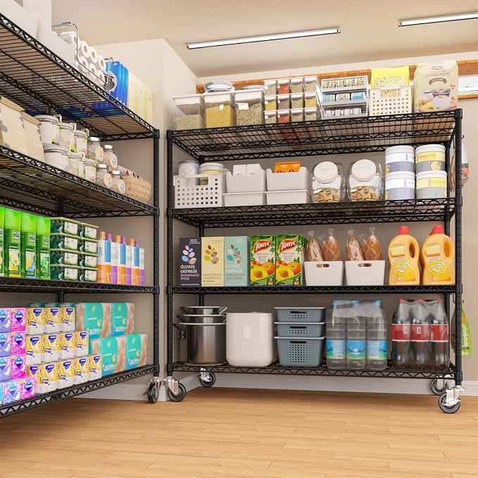 PrimeZone 4 Tier 55.5"W x 24"D x 80"H Heavy-Duty Wire Shelving with Wheels | Tote Storage Rack, Adjustable Shelves, 2400 LBS Capacity, 4" Rolling Casters, 25.4mm Steel Tube for Warehouse, Basement, 6PCS
