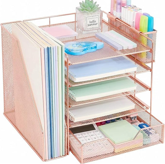 Desk Organizers and Accessories, 5-Tier Paper Letter Tray Organizer with File Holder, Drawer & Pen Holder, Office Desk Accessories, Desktop Organizer for Classroom Office Supplies, Rose Gold