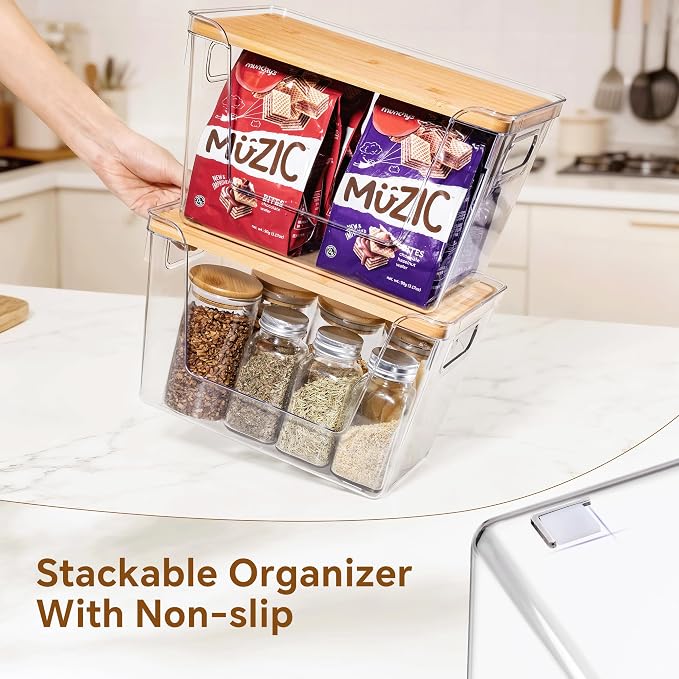 Criusia 4 Set Pantry Organizers and Storage with Bamboo Lids, Stackable Clear Bins for Onion, Potato, Fruit, Vegetables, Trash Bag Dispenser, Kitchen and Under Sink Organizer