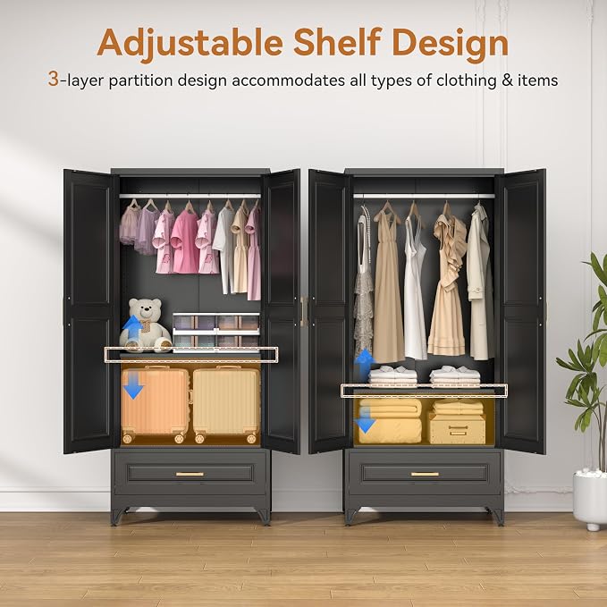 Polup 71" Black Metal Armoire Wardrobe Closet with Doors and 1 Drawer | Heavy Duty Steel Clothing Storage Cabinet, 180lbs Adjustable Shelves, Hanging Rod, for Office, Bedroom, Garage, Laundry
