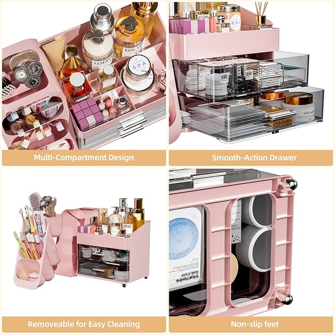 Makeup Organizer with Drawers for Vanity Bathroom Counter Organizers and Storage, Large Skincare Organizer with Brush Toothbrush Holder for Perfume, Nail Polish, Dresser, Office Supplies, Pink
