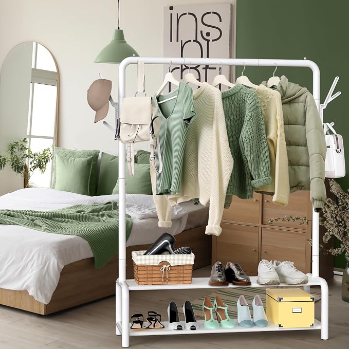 Simple Houseware 52" W Freestanding Closet Garment Rack with Shelves, White | With 600D Fabric Shelves, Hanger Stoppers, and Hooks for Coat & Hat