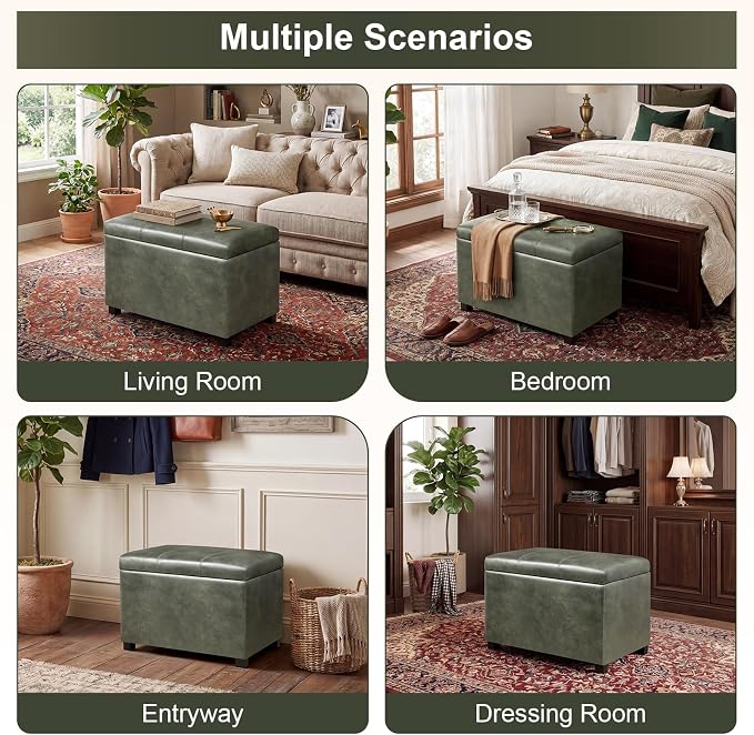 24" Faux Suede Storage Ottoman Bench, Rectangle Foot Rest Stool for Living Room, Bedroom, Entryway, Moss Green