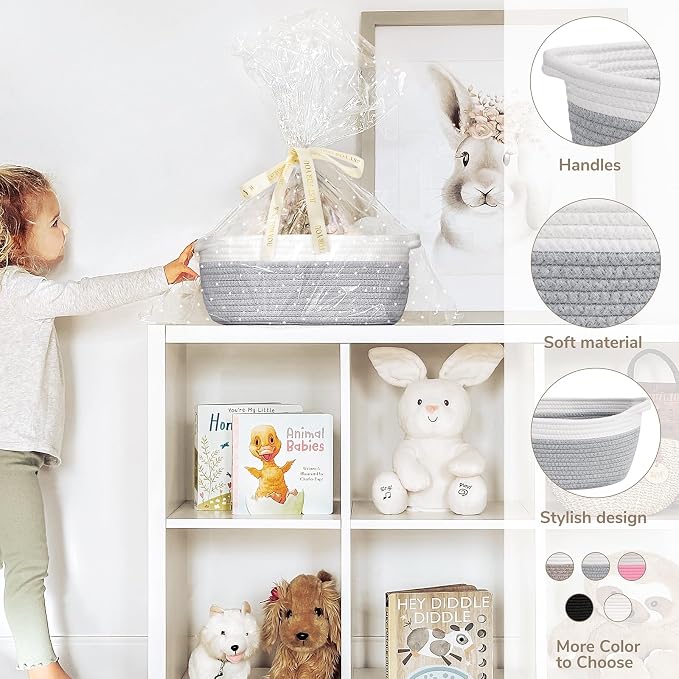 CHICVITA Small Rope Gift Basket Empty with Bags & Ribbon to Fill, Grey | 12"x 8"x 5" Woven Gift Basket Empty to Fill for Holiday, Rope Baskets for Organizing, Birthday Basket, Dog Toy Basket