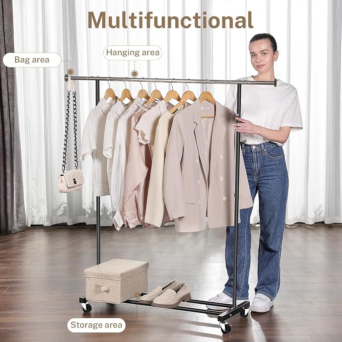 VICERII Clothes Rack, 130LB Capacity Heavy Duty Clothing Rack with Wheels and Bottom Shelf, 52.17 Inch Rolling Racks for Hanging Clothes, Coats, Shirts, Sweaters, Skirts, Dress, Black