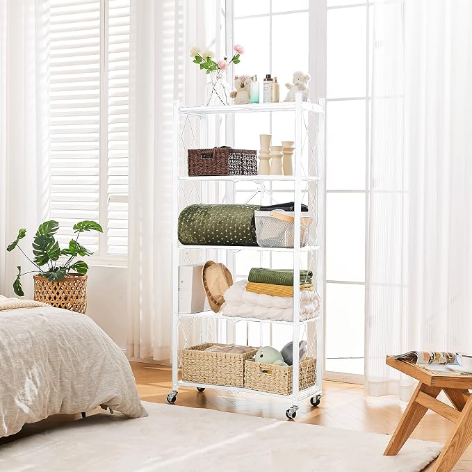BRIAN & DANY 5-Tier Foldable Storage Shelves with Wheels, Folding Metal Rack Shelving Unit, Heavy Duty No Assembly Organizer Shelf for Garage, Kitchen, Basement, Pantry, White