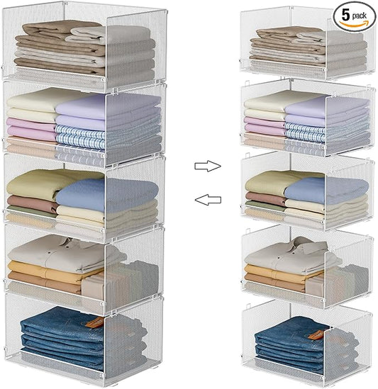 Tiaoheka 5-Tier Stackable Closet Organizers and Storage, Metal Wire Storage Shelves for Closet, Mesh Closet Shelves and Storage Bins for Clothes, Sweaters and Handbags