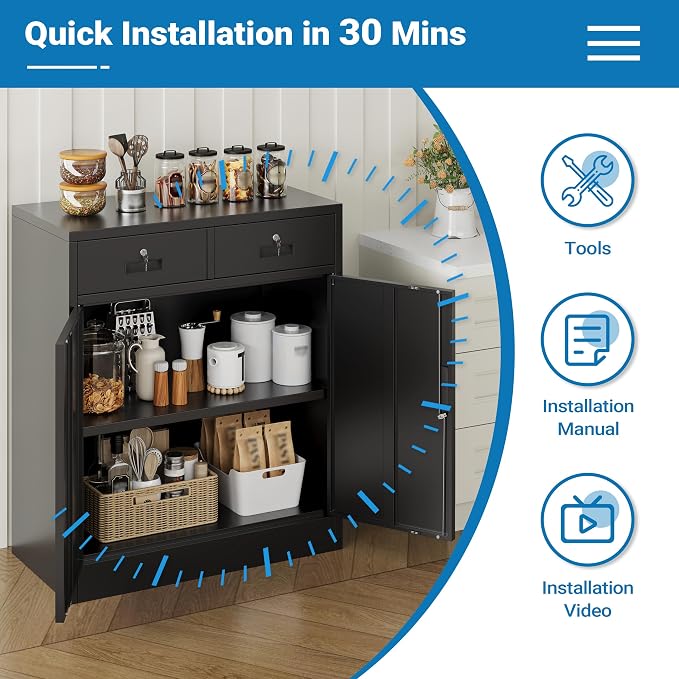 Metal Storage Cabinet, 36" Locking Cabinet with Adjustable Shelves for Garage, Office (Black, 2 Drawers)