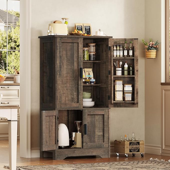 Storage Cabinet with 4 Doors, 43.3" H Farmhouse Kitchen Cabinet with 6 Door Shelves, Kitchen Storage Cabinets with Adjustable Shelves, for Living Room, Antique Oak