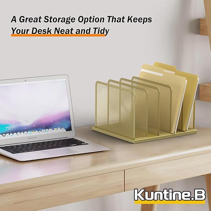 Kuntine.B 5-Section Upright Desk File Organizer Gold 1 Pack | Vertical, Mesh, Metal, Assembly, Stability, Sturdiness, Organization, Standing