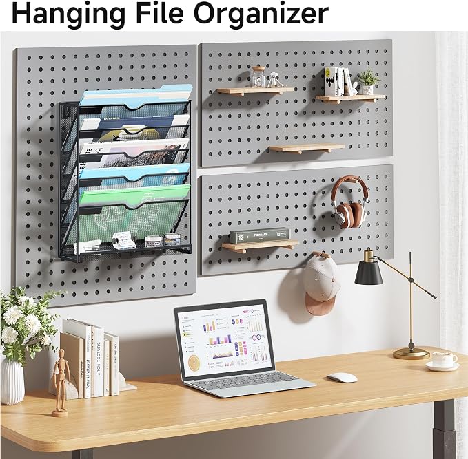 Lavatino 6-Tier Mesh Hanging Wall File Organizer with Hooks – No Installation Needed, Paper Mail Organizer Wall-Mounted File & Magazine folder Holder for Office and Home (Black)