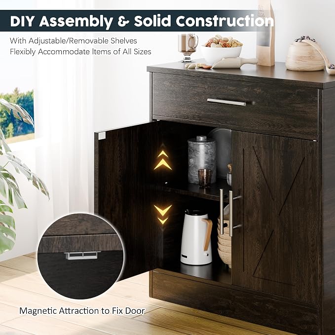 Kitchen Buffet Sideboard Cabinet, Wooden Storage Cabinet with 2 Doors and 1 Drawers, Adjustable Shelf, Modern Farmhouse Coffee Bar Cabinet with Storage for Kitchen, Rustic Brown