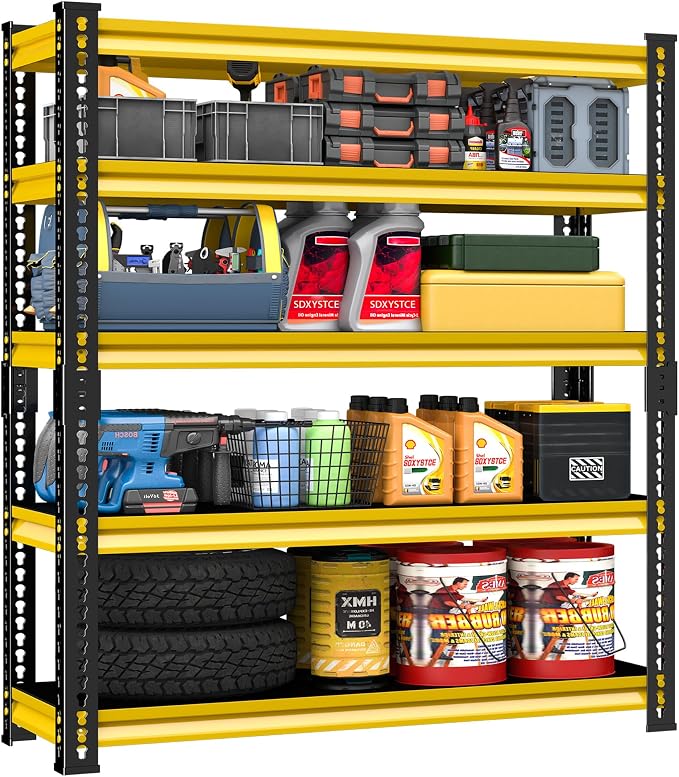 48" W Garage Storage Shelves Heavy Duty, 2800LBS Loads Adjustable Garage Shelving, 5-Tier Metal Shelving Units and Storage Racks, Industrial Utility Shelf,48''Wx18''Dx78''H, Yellow