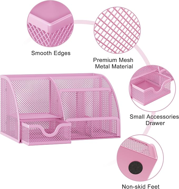 EasyPAG Mesh Desk Organizer with Drawer Multi-functional Pen Holder Stationery Organizer for Office School Supplies 6 Compartments Dorm Organizers and Storage for Desk, Light Pink