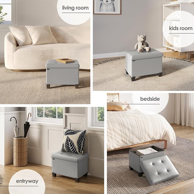 Storage Ottoman Cube with Small Bin, 16-in Square Ottoman with Storage for Living Room and Bedroom, Small Ottomans Foot Rest, Leather Foot Stools Ottomans Max 330lbs, Light Grey