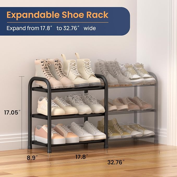 ENJOYBASICS 3 Tier Expandable Shoe Rack for Closet, Free Standing Metal Shoe Shelf Storage Organizer Holder 12 Pairs, Adjustable Width Shoe Rack for Entryway Small Space, Black