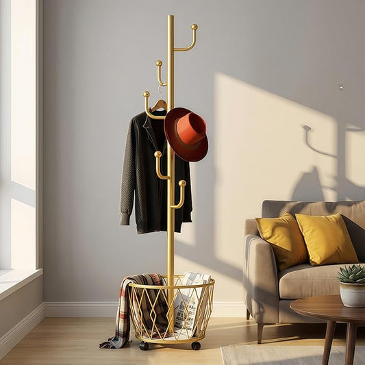 Gold Moveable Cactus Metal Coat Rack with Basket Freestanding 65inch | Modern Organizer for Scarf Jacket Hat Bags Ideal for Home Entryway Bedroom Corner Stable