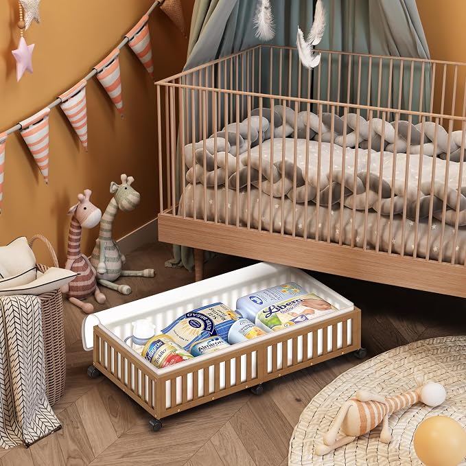 2 Pack Large Bamboo Under Bed Storage Containers with Wheels, Brown | Underbed Drawer Storage with Bag, Wood Rolling Underbed Organizer for Shoes, Sheets Clothes Blanket Comforter, Under Crib Toy