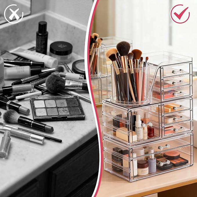 ShineMe Clear Makeup Organizer with 9 Drawers, 3 Tier Stackable Makeup Storage Organizer with Rotating Brush Holder, Acrylic Countertop Makeup Organizer for Vanity Skincare Jewelry Hair Accessories