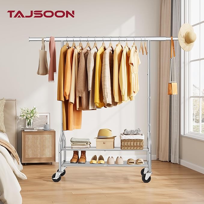 Clothes Rack with 2 Shelves, Heavy Duty Load 350 LBS, Chrome | Rolling Clothing Rack, Adjustable Length and Height, Garment Rack with Wheels for Bedroom, Student Dormitory and Laundry Room
