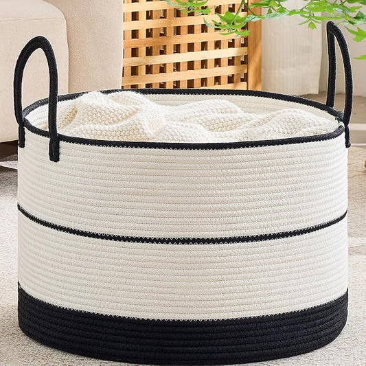 KAKAMAY Large Blanket Basket with Handles, Storage Basket for Living Room | Extra Large Capacity | Natural Cotton Rope | Blanket Storage | Woven Storage Basket | Stuffed Animal Storage | Laundry Basket