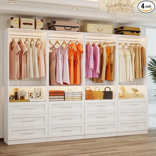 Closet System with 4 Sets, 8FT-21FT Customizable Closet Organizer System with 12 Drawers &4 Shelves & 8 Hanging Rods, Freestanding Closet Storage System, Modular Tower L-Shaped Walk-in Closet, White