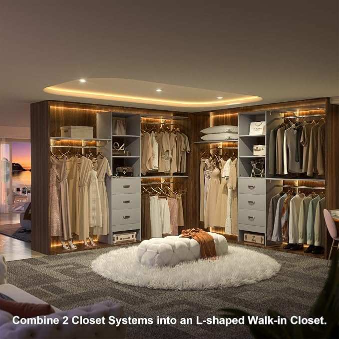 iSunirm 8FT Closet System, 96'' Closet Organizer System with 3 Hanging Rods, Wall Mount Bedroom Wardrobe with 3 Drawers Walk-in Closet, Adjustable Cloth Garment Rack from 5 to 8FT (Cut to Fit), Grey