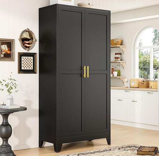 PAOFIN 75" Metal Kitchen Pantry Cabinet, Storage Cabinet with Doors and 5 Adjustable Shelves, Cabinet with 2 Metal Handles,Tall Cabinet for Livingroom,Pantry, Bathroom,Kitchen Black