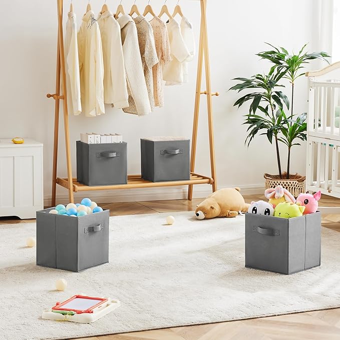 MAX Houser 6 Pack Foldable Fabric Storage Bins with Handles, Grey 10.5x10.5x11 Inch