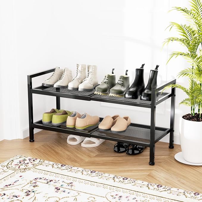 2 Tier Shoe Rack, Expandable Shoe Rack for Closet, Adjustable Shoe Organizer for Entryway, Shoe Storage Organizer for Door Entrance, Garage, Bedroom