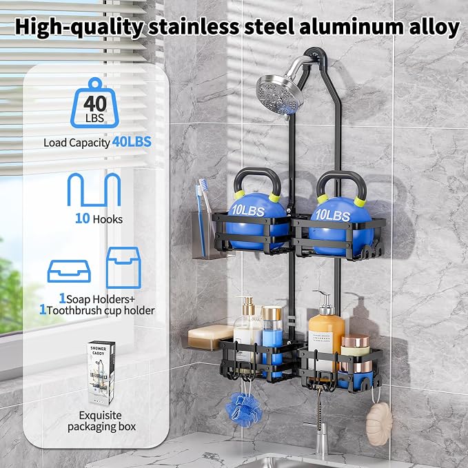 GAOKASE Aluminum Shower Caddy Hanging, Never Rust Shower Organizer | 4 Levels with adjustable Height 10 Hooks for Razor/Sponge - Rack with Soap Basket (Black-1)